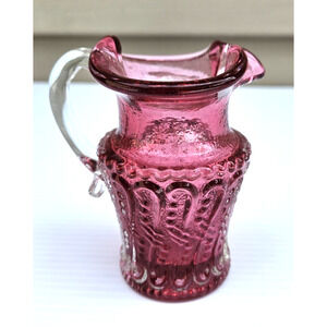 Vintage Kanawha Glass Cranberry Red Mini Pitcher with Clear Handle - 4"